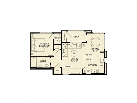 Floor plan for 1 bed, 1 bath, 691 sqft