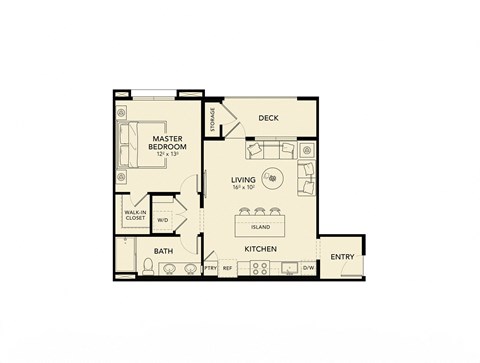 Floor plan for 1 bed, 1 bath, 714 sqft