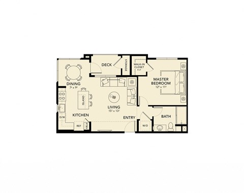 Floor plan for 1 bed, 1 bath, 712 sqft