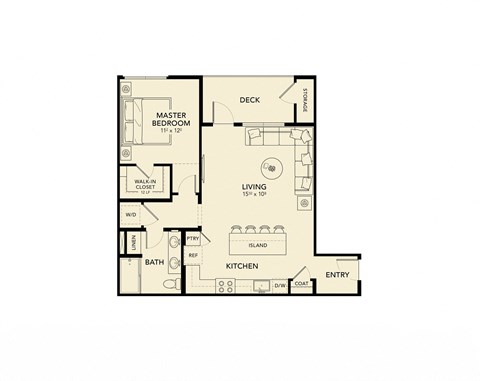 Floor plan for 1 bed, 1 bath, 798 sqft