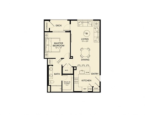 Floor plan for 1 bed, 1 bath, 811 sqft