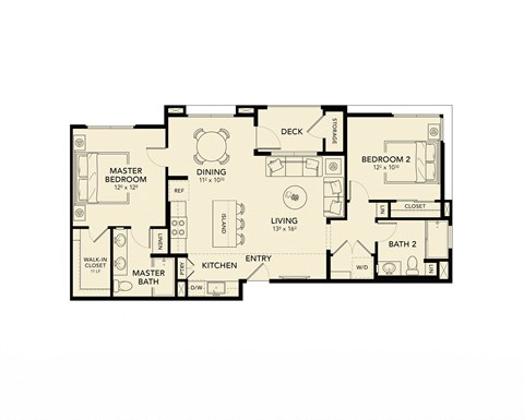 Floor plan for 2 beds, 2 baths, 1040 sqft