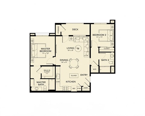 Floor plan for 2 beds, 2 baths, 1112 sqft