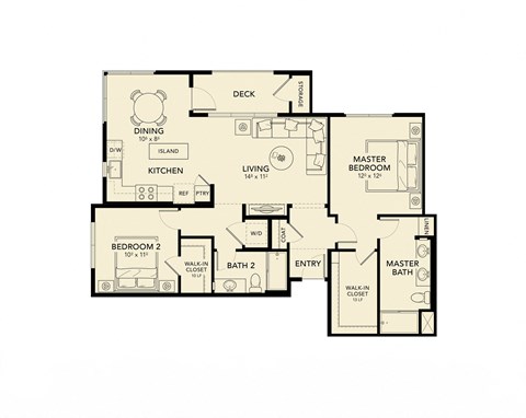 Floor plan for 2 beds, 2 baths, 1131 sqft