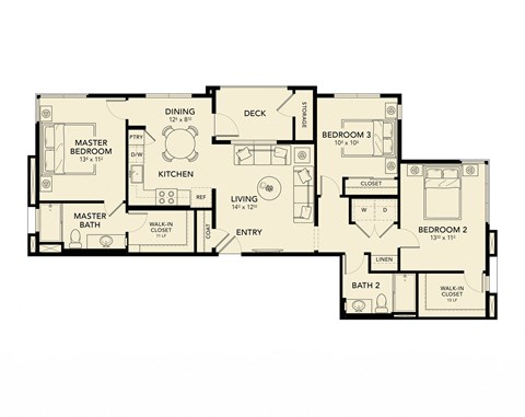 Floor plan for 3 beds, 2 baths, 1203 sqft