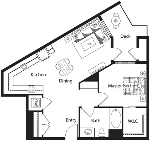 Floor plan for 1 bed, 1 bath, 635 sqft