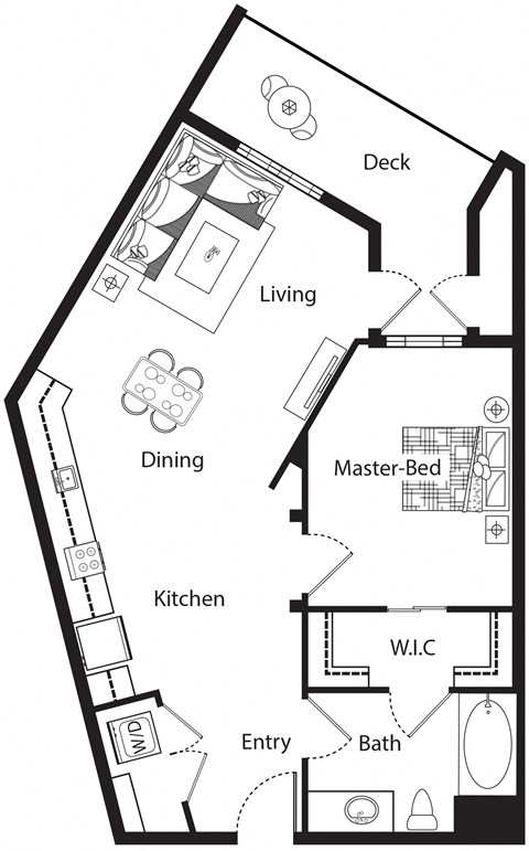 Floor plan for 1 bed, 1 bath, 744 sqft