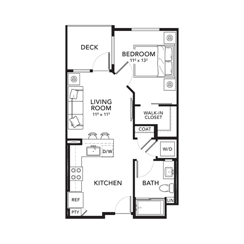 Floor plan for 1 bed, 1 bath, 612 sqft