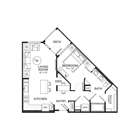 Floor plan for 1 bed, 1 bath, 796 sqft