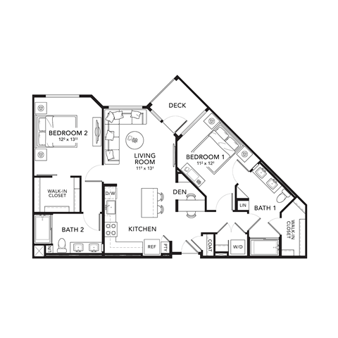 Floor plan for 2 beds, 2 baths, 1147 sqft
