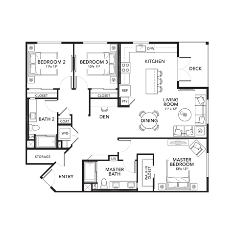 Floor plan for 3 beds, 2 baths, 1455 sqft