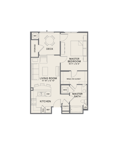 Floor plan for 1 bed, 1 bath, 675 sqft