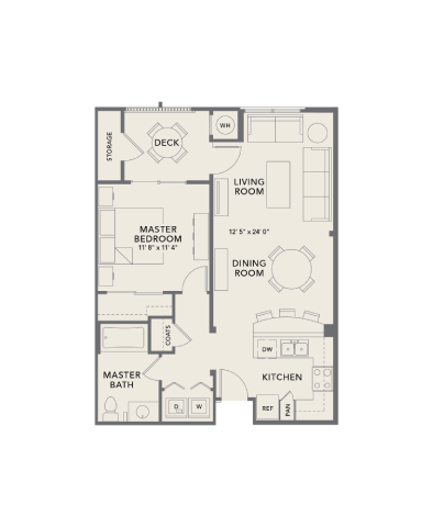 Floor plan for 1 bed, 1 bath, 843 sqft