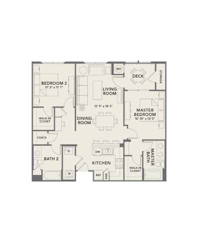 Floor plan for 2 beds, 2 baths, 1093 sqft