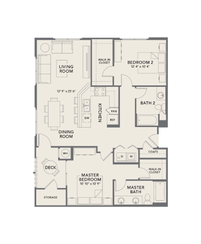 Floor plan for 2 beds, 2 baths, 1174 sqft
