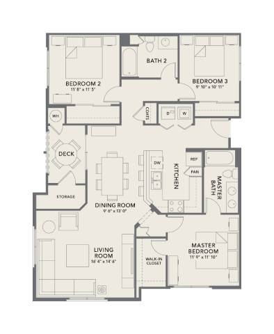 Floor plan for 3 beds, 2 baths, 1403 sqft
