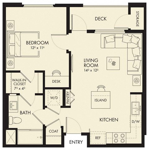 Floor plan for 1 bed, 1 bath, 614 sqft