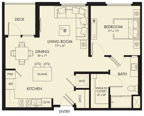 Floor plan for 1 bed, 1 bath, 739 sqft