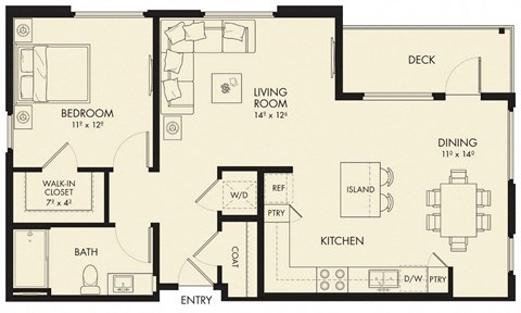 Floor plan for 1 bed, 1 bath, 879 sqft