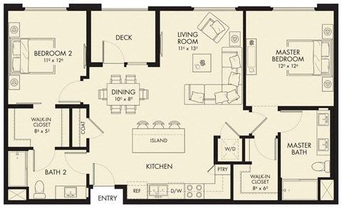 Floor plan for 2 beds, 2 baths, 1066 sqft