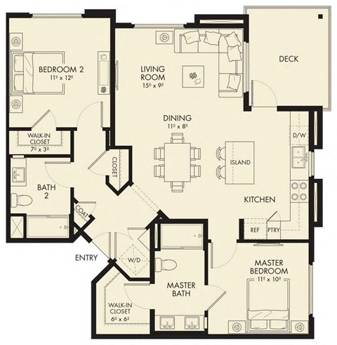 Floor plan for 2 beds, 2 baths, 1095 sqft