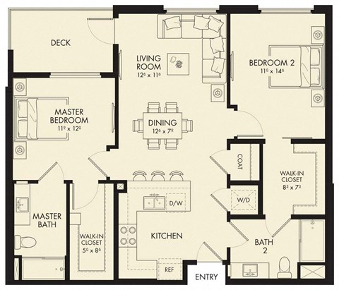 Floor plan for 2 beds, 2 baths, 1016 sqft