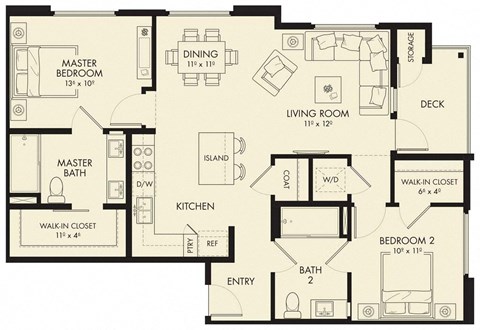 Floor plan for 2 beds, 2 baths, 1039 sqft