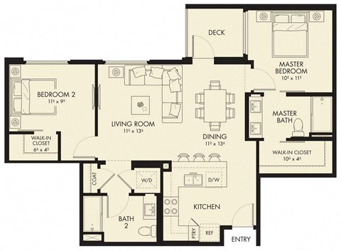 Floor plan for 2 beds, 2 baths, 973 sqft