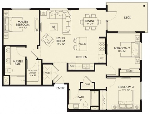 Floor plan for 3 beds, 2 baths, 1271 sqft