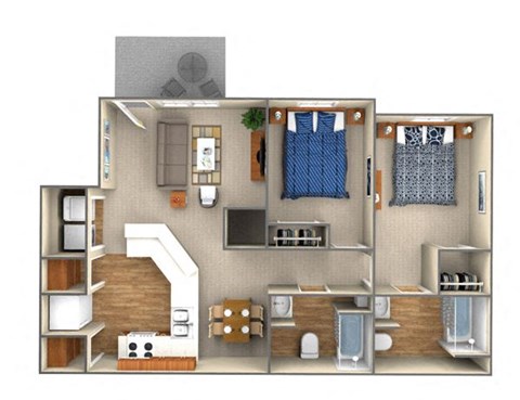 Floor plan for 2 beds, 2 baths, 1250 sqft