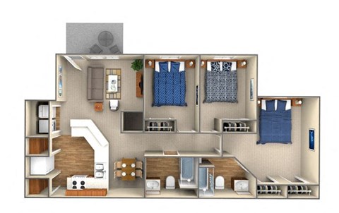 Floor plan for 3 beds, 2 baths, 1400 sqft
