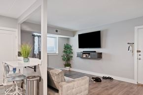 Philadelphia apartment for rent - A living room with a white chair, a white table, a beige couch, a black cat, and a TV mounted on the wall.