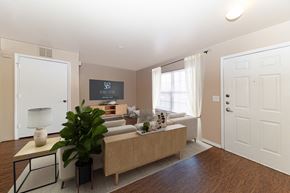 Nashville apartment for rent - A living room with a couch, a plant, and a lamp.
