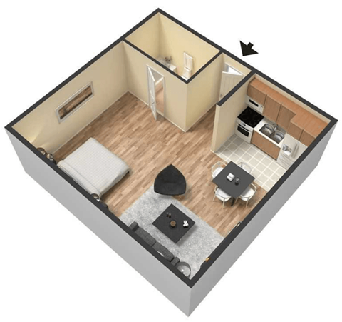 Floor plan for 1 bed, 364 sqft