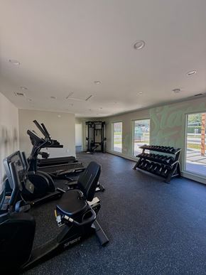 Charlotte apartment for rent - A gym with treadmills, exercise bikes, and dumbbells.