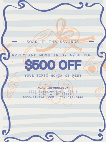 Charlotte apartment for rent - A promotional image offering $500 off for the first month of rent.