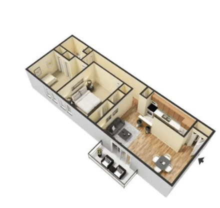 Floor plan for 2 beds, 1 bath, 896 sqft