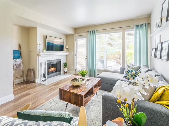 Seattle apartment for rent - a living room with a couch and a coffee table and a fireplace