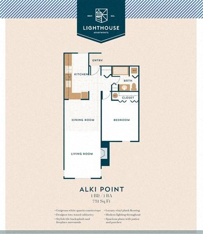 Floor plan for 1 bed, 1 bath, 751 sqft
