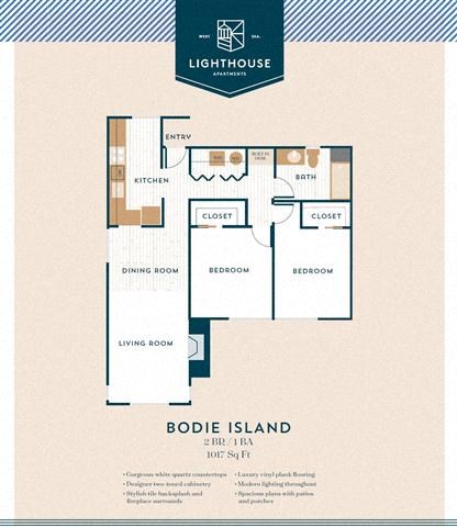 Floor plan for 2 beds, 1 bath, 1017 sqft