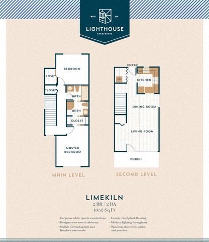 Floor plan for 2 beds, 2 baths, 1052 sqft