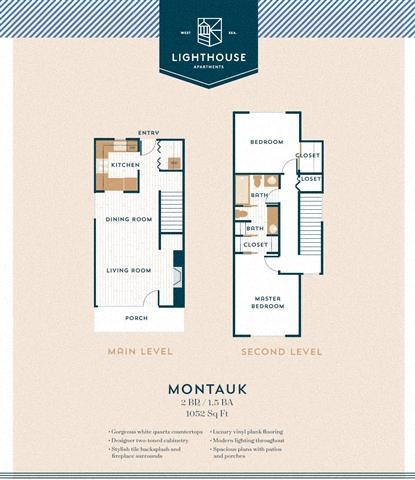 Floor plan for 2 beds, 1.5 baths, 1052 sqft
