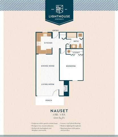 Floor plan for 1 bed, 1 bath, 688 sqft