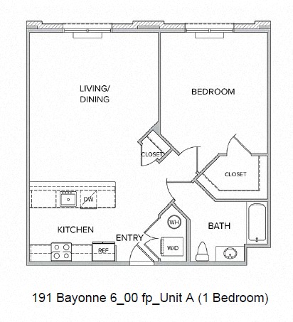Floor plan for 1 bed, 1 bath, 890 sqft