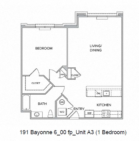 Floor plan for 1 bed, 1 bath, 890 sqft