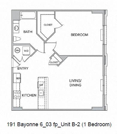 Floor plan for 1 bed, 1 bath, 840 sqft