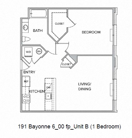 Floor plan for 1 bed, 1 bath, 830 sqft