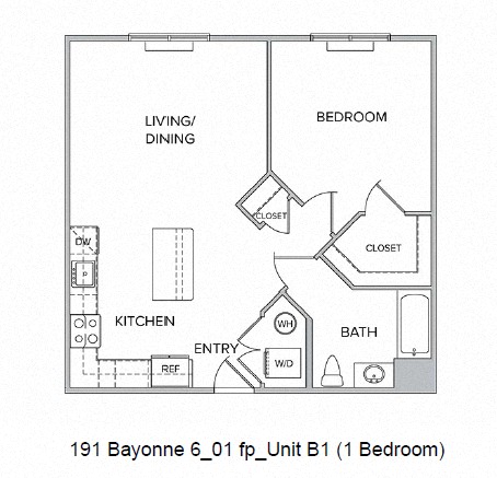 Floor plan for 1 bed, 1 bath, 756 sqft