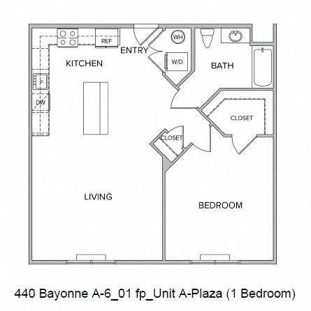 Floor plan for 1 bed, 1 bath, 870 sqft