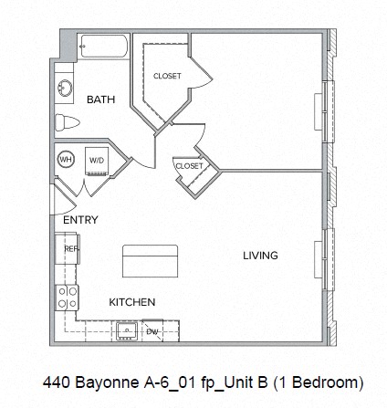 Floor plan for 1 bed, 1 bath, 838 sqft